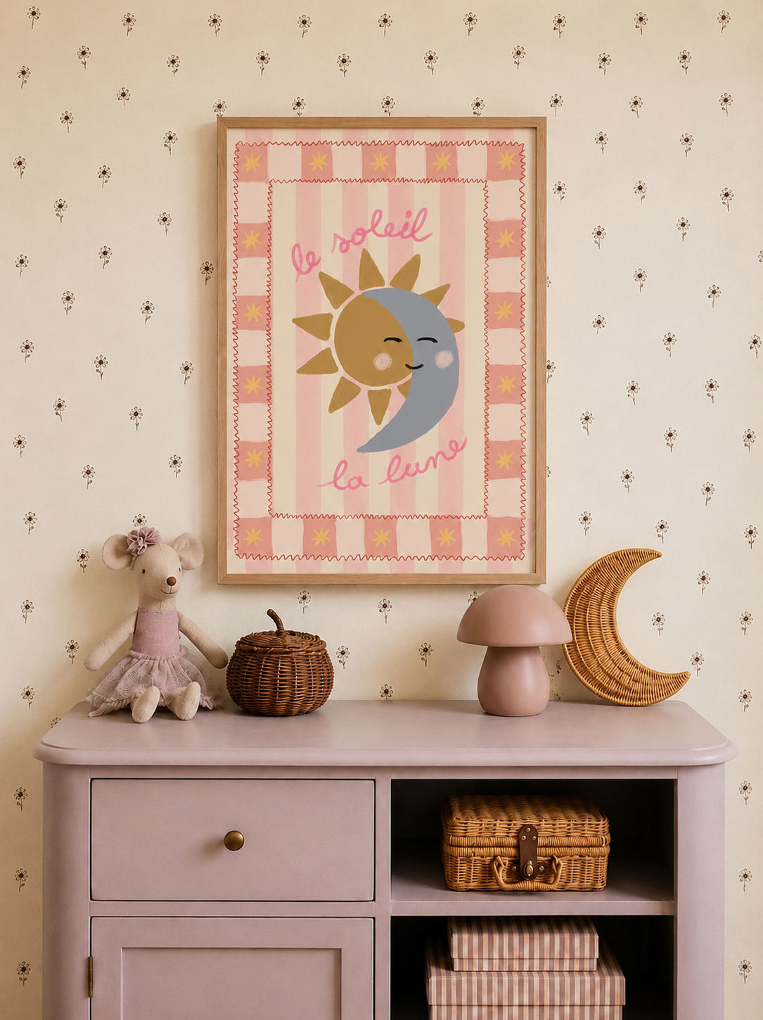 Le Soleil La Lune Nursery Poster | Pink Sun & Moon Wall Art for Girls Bedroom