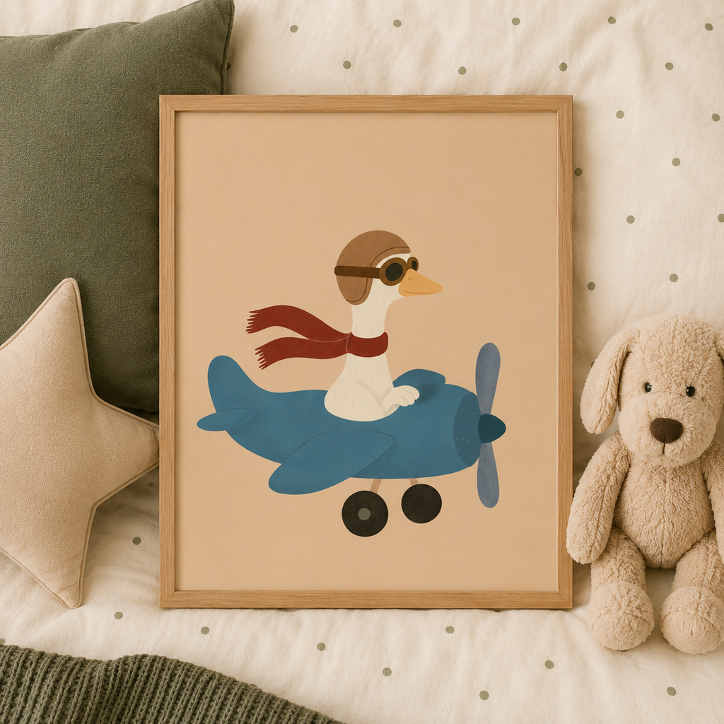 Born to Fly goose in plane poster styled flat on a bed