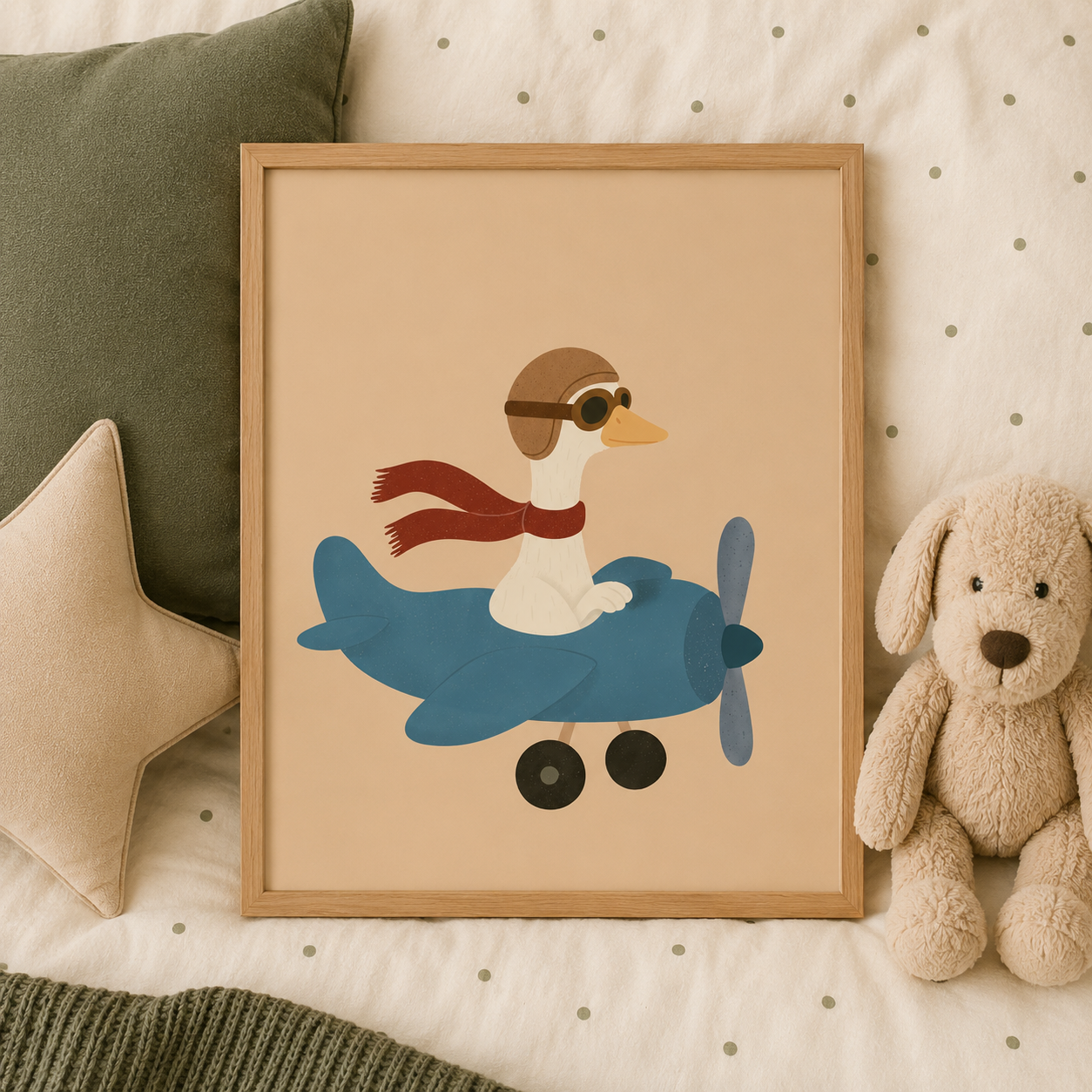 Born to Fly goose in plane poster styled flat on a bed