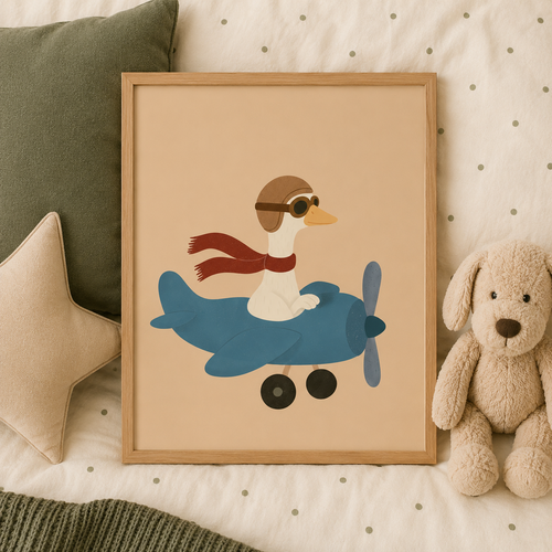 Born to Fly goose in plane poster styled flat on a bed