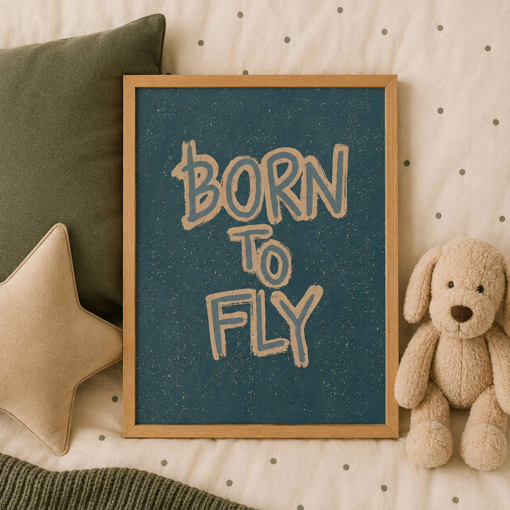 Born to Fly poster styled flat on a child's bed