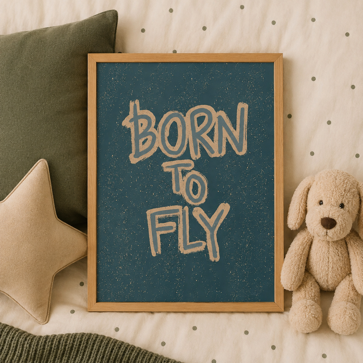 Born to Fly poster styled flat on a child's bed