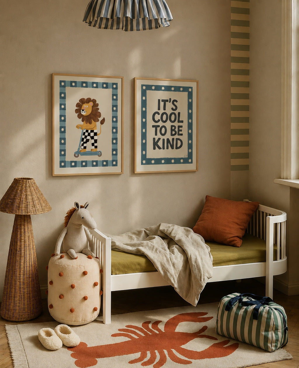 Cool to Be Kind two poster set styled in a children's bedroom