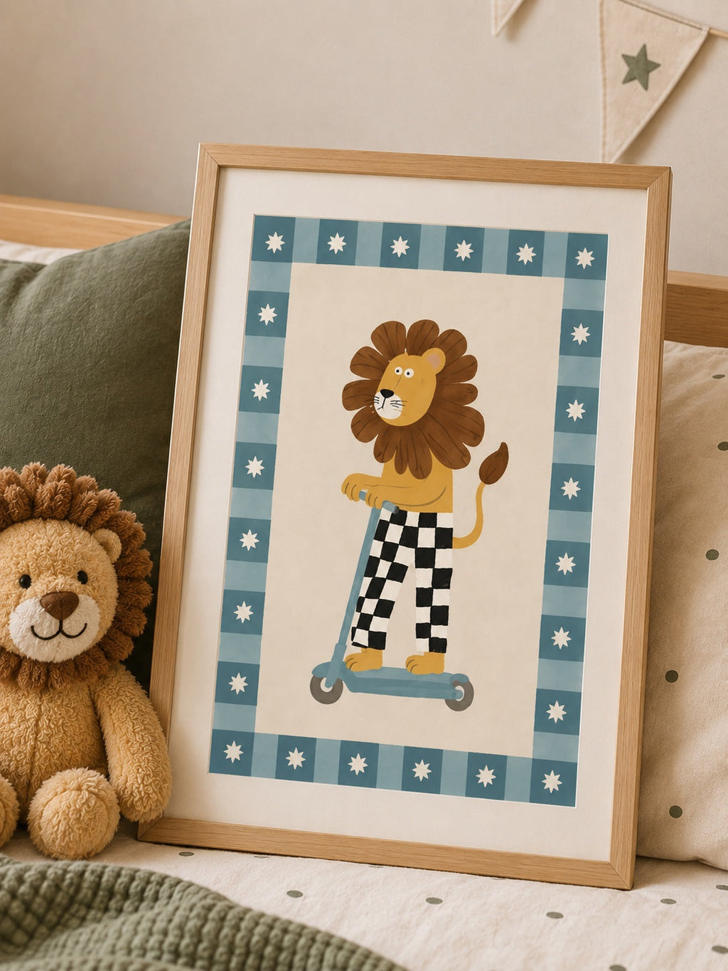 Cool to Be Kind lion scooter poster styled on a cozy bed