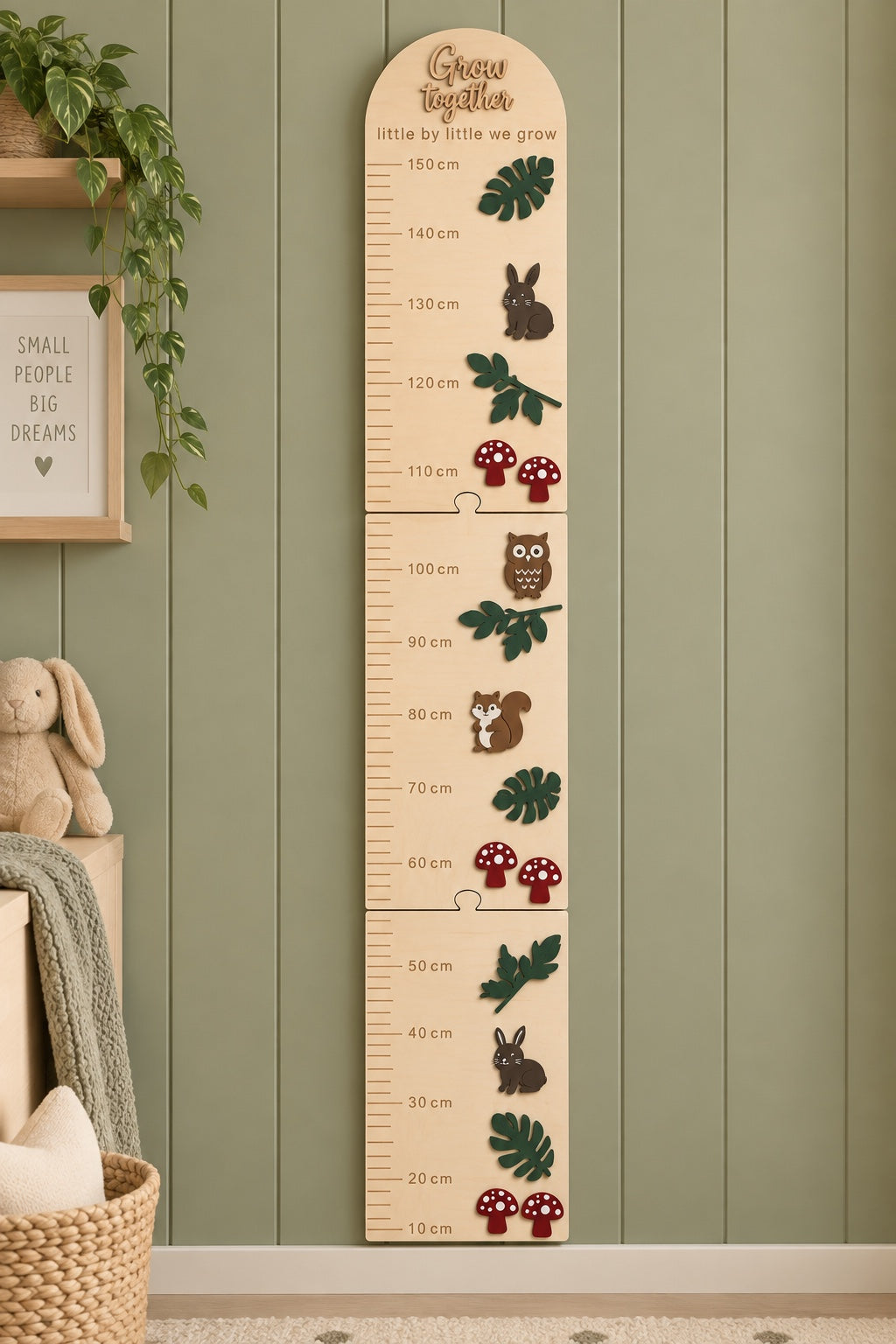 Personalised wooden height chart in the Forest & Friends theme