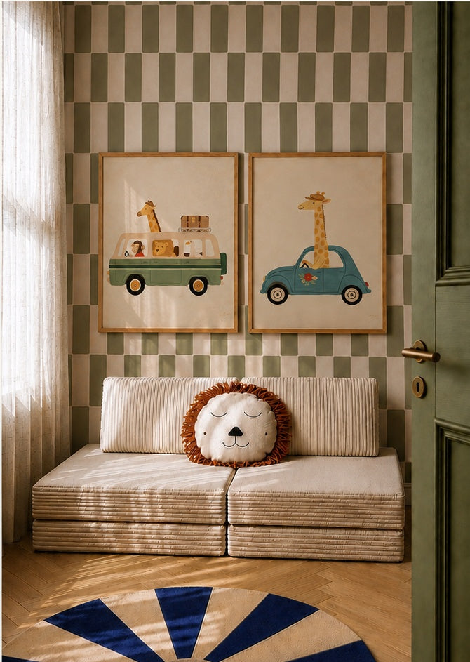 Safari Adventure two poster set styled in a children's room