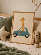 Safari Adventure giraffe poster framed on a cosy nursery bed