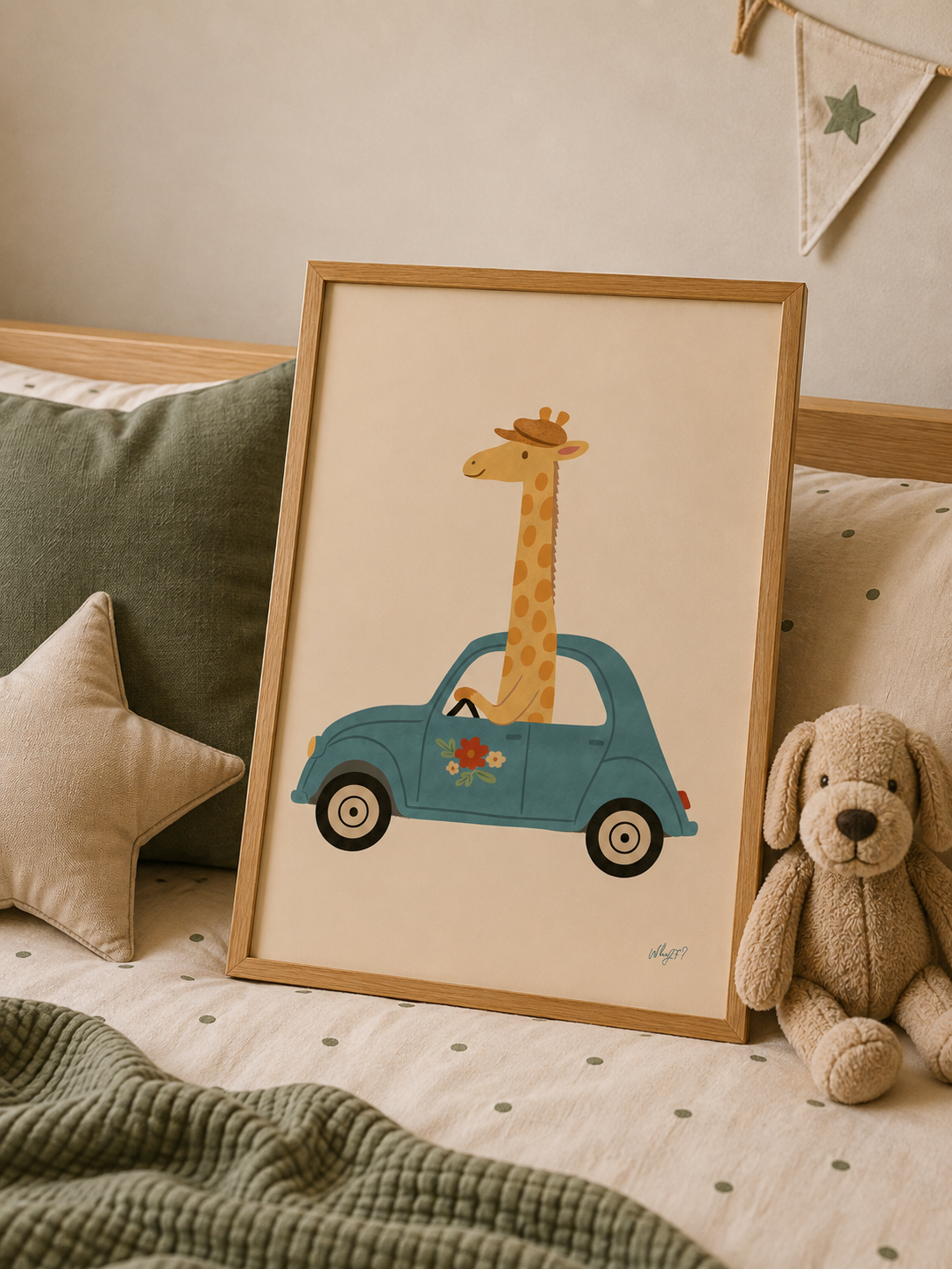 Safari Adventure giraffe poster framed on a cosy nursery bed