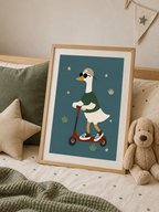 The Scooter Club goose poster styled on a children's bed