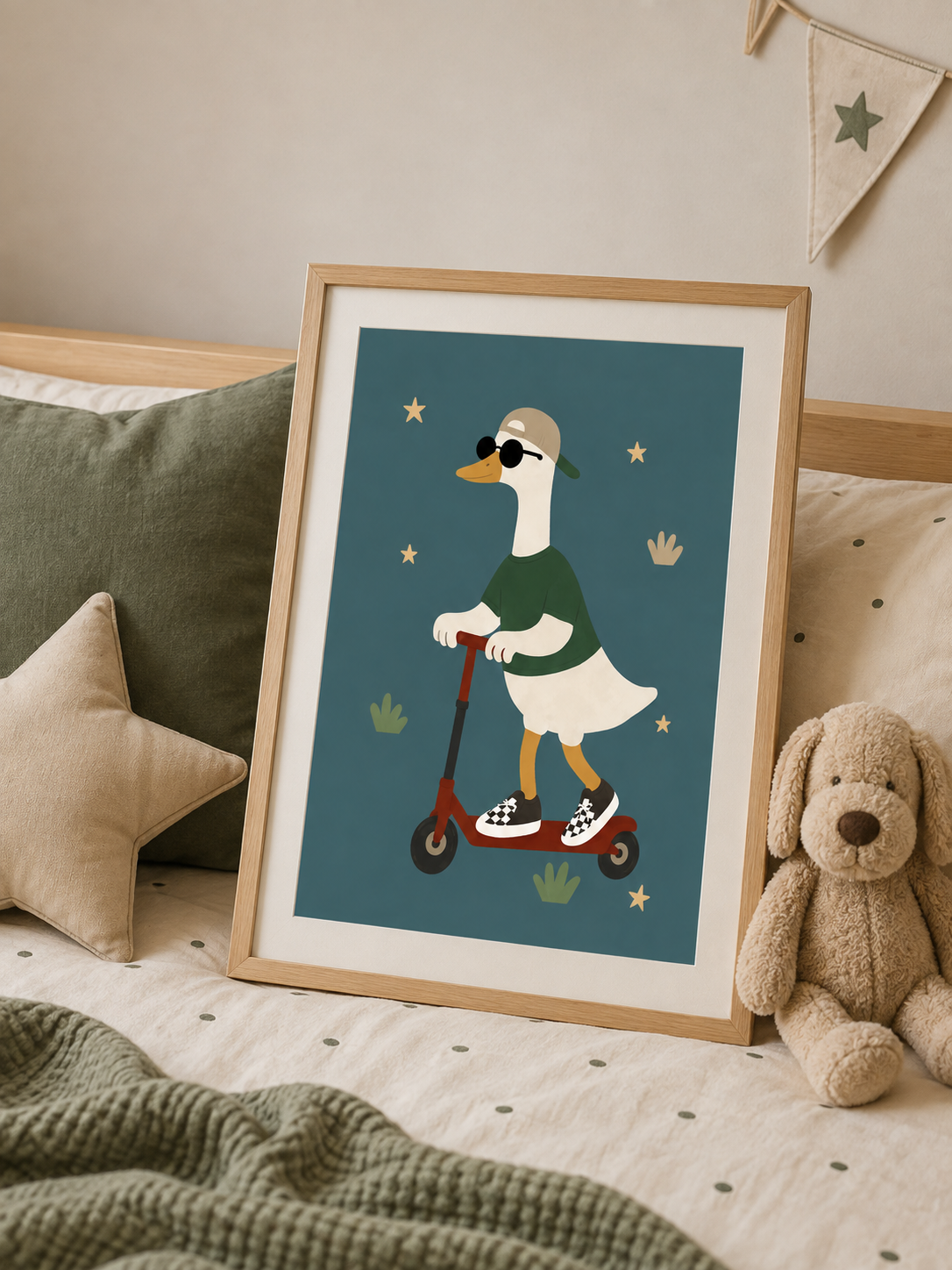 The Scooter Club goose poster styled on a children's bed