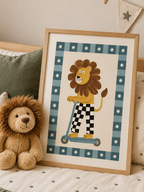 The Scooter Club lion poster styled on a children's bed