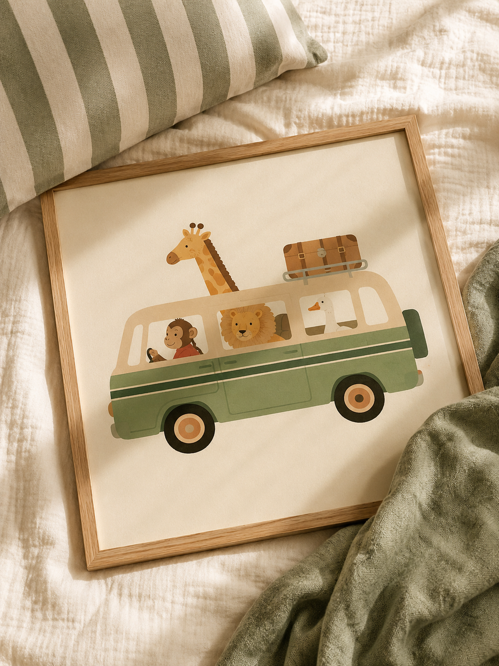Safari Adventure Poster framed flat lay on a cosy nursery bed
